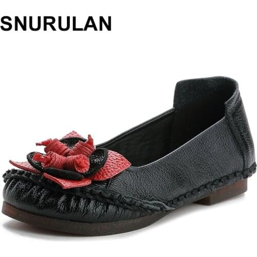 SNURULAN Comfortable Hand Made Women Genuine Leather Flat Shoes Casual Work Cowhide Flexible Boat Shoes Women FlatsE611