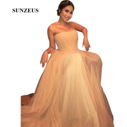 A-line Strapless Champagne Evening Dresses Long Tulle Formal Gowns For Celebrity Arabic Singer Party Gowns Women