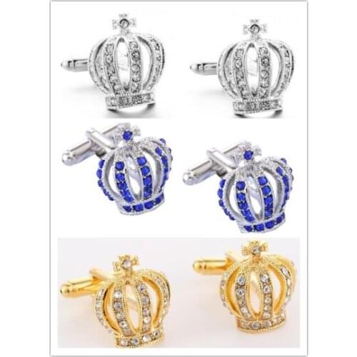 10Pairs/lot Classic Crystal Crown Cufflinks Blue/White Crystal Inlaid Cuff Links Copper Made Mens Wedding Jewelry Gift