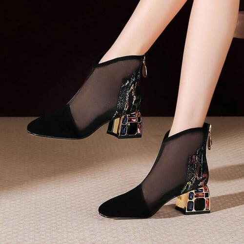 Rimocy Mix Color Crystal Heels Ankle Boots Women Autumn 2021 Sexy Black Breathable Short Boots Woman Fashion Back Zipper Botas