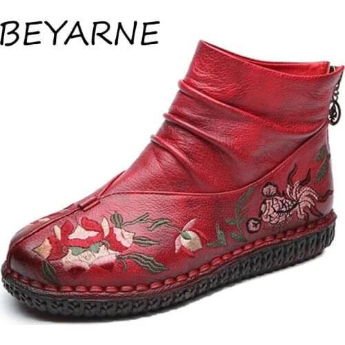 BEYARNE Chinese style womens boots autumn winter new retro leather non-slip short boots women flat embroidered soft bottom boot