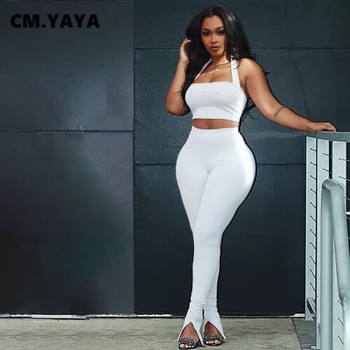 CM.YAYA Active Womens Two 2 Piece Tracksuit Solid Halter Neck Crop Tops and Slit Flare Pants Matching Set Street Sweatsuit