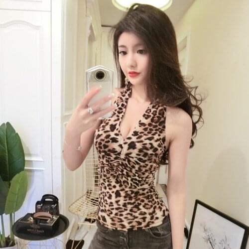 Halter Neck Leopard Print Vest Top Women Sexy Basic Camisole Summer Nightclub Party Shirt White Off Shoulder Open Back Tank Tops