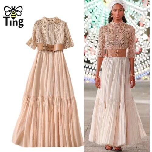 Tingfly Vogue New Runway Hollow Out Lace Patchwork High Waist Women Maxi Long Party Dresses with Belt Summer Elegant Robe Design