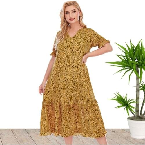 2021 Ladies New Summer Hot Sale European And American Style Plus Size V-Neck Short Sleeve Print Loose Dress For Women
