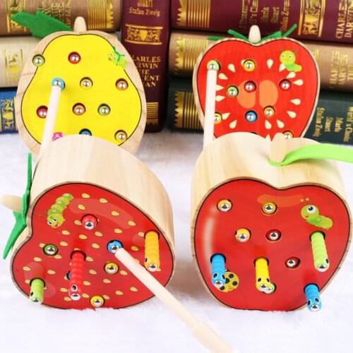 Baby Wooden Toys Montessori 3D Puzzle Toys for Kids Catch Worm Block Toys Color Cognitive Magnetic Christmas Gifts