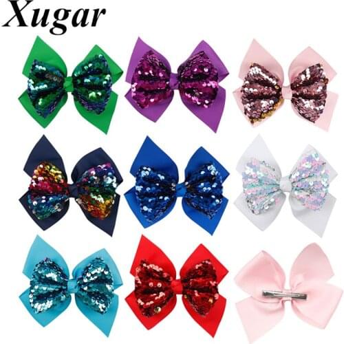8Pcs/lot 5" Solid Hair Bows for Girls Reversible Sequin Ribbon Bowknot Hair Clips Children Hairgrip Handamde Hair Accessories