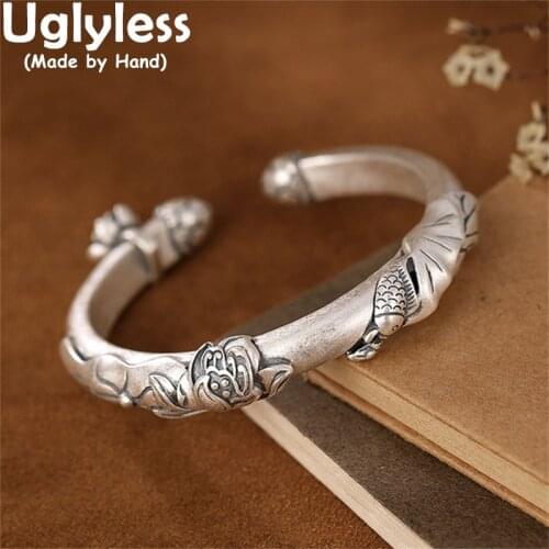 Uglyless Exaggerated Thick Bangles for Women 100% Real 990 Silver Big Ethnic Jewelry Thai Silver Lotus Flower Leaf Fish Bangles