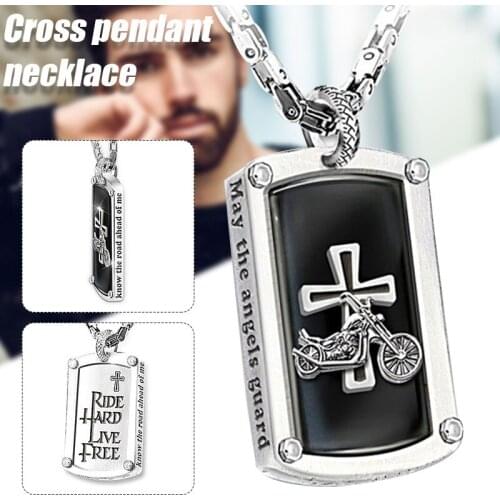 Vintage Cross Long Pendant Necklace for Men Women Bike Pattern Stainless Steel Pendant Neck Chain Necklaces Fashion Jewelry Gift