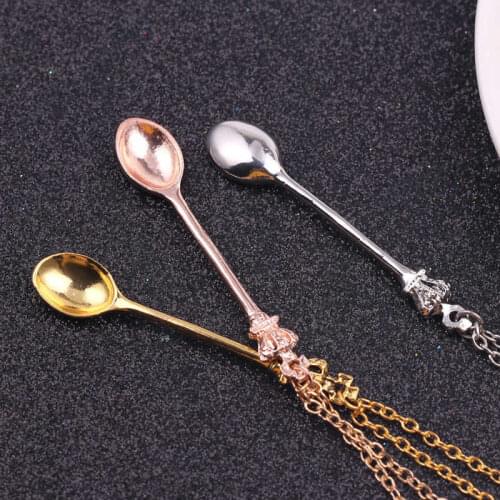 Fashion Creative Tiny Tea Spoon Shape Pendant Necklace With Mini Crown 3 Colors Long Link Chain Jewelry for Women Gift