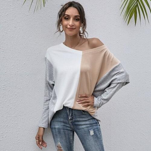 Women Patchwork Color Long Sleeve T-shirt Top Spring Autumn New Casual Loose Sexy V-neck Pullover Tee Streetwear Elegant Female