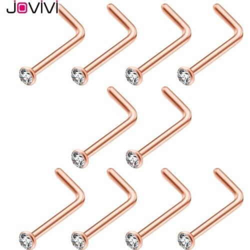 JOVIVI Stainless Steel 3mm Rhinestone 20G Nose Ring Studs Bone Nostril Pin L Shape Bar Body Piercings Jewelry 10 pcs 4 Colors