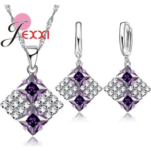 Newest Rhombus 925 Sterling Silver Jewelry Set Bridal Jewellery Necklace Earring Sets 6 Colors Shiny Cubic Zirconia