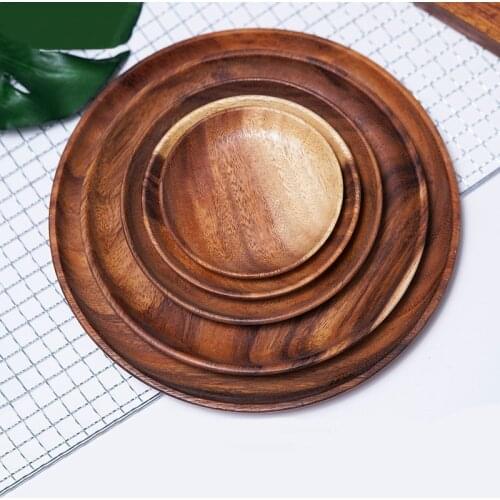 Round Solid Wood Plate Whole Acacia Wood Fruit Dishes Wooden Saucer Tea Tray Dessert Dinner Breakfast Plate Tableware Set