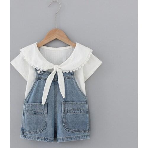 Summer baby Girls Sweet Bow cotton Shirt+Overalls 2pcs Suit College Wind Denim Overalls Princess Set kids baby girl cloths