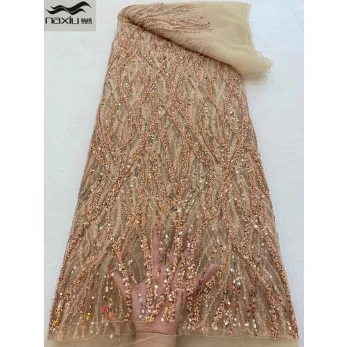 Madison Pink African Sequins Lace Fabric 2021 High Quality Handmade Beaded Lace Nigerian French Lace Fabric For Party Dress