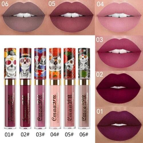 Skull Style Matte Liquid Non-Stick Cup Dense Silky Lip Gloss Waterproof Long Lasting Sexy Lip Gloss Makeup Beauty Red Lip Tint