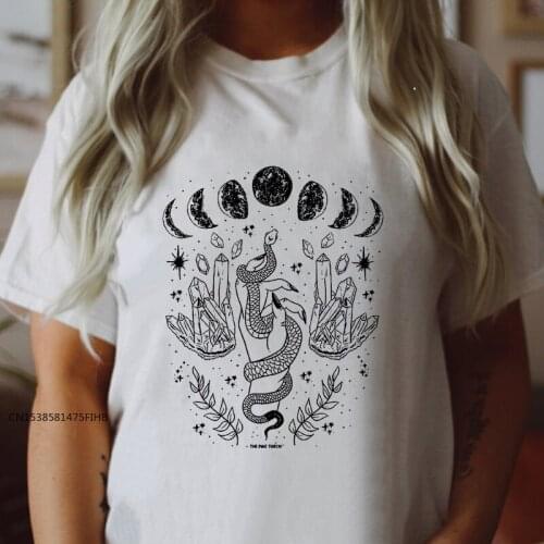 Mystical Moon With Snake T-Shirt Trendy Moon Phases Witch Tshirt Camiseta Women Crescent Moon Graphic Top Tee Shirt COTTON