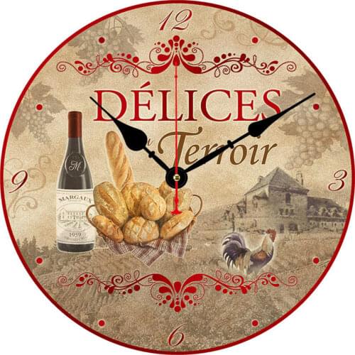 French village Scenery Wall Clock,French Style Round Imitation Wood Wall Clock Bedroom Clock Roman Numeral Horloge Kitchen Clock