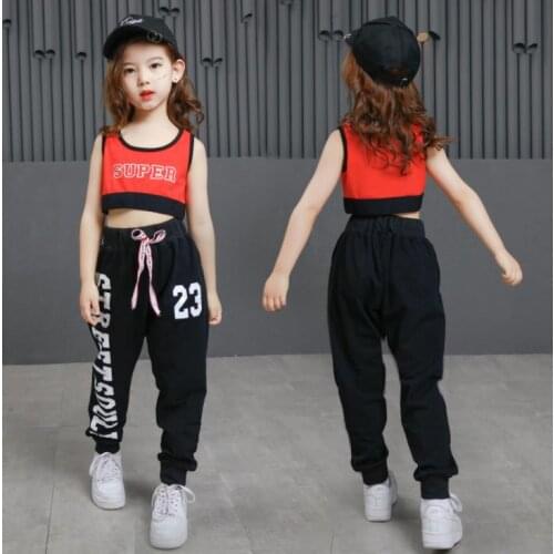 New Kids Jazz Hiphop Dance Costumes For Girls Cotton Black Letter Crop Top And Pant Children Sport Suit Teen Girls Clothing 2019