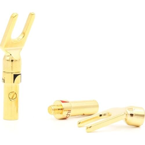 HiFi Nakamichi Audio Grade 8pcs Screw Fork Connector Adapter, Brass Gold-Silver Plated Y Spade Speaker Plugs
