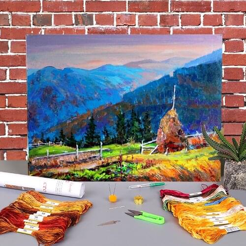 Landscape Autumn Day Printed Water-Soluble Canvas 11CT Cross Stitch Complete Kit Embroidery DMC Threads work Promotions