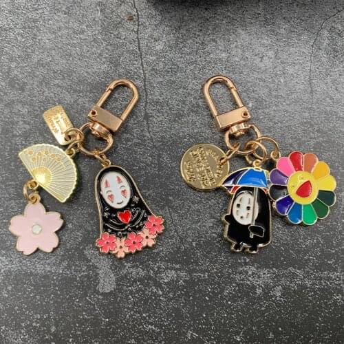No Face Man Fashion Spirited Away Cartoon Faceless Male Keychains Women Metal Flower Sakura Key Ring Bag Key Chain Gift Jewelry