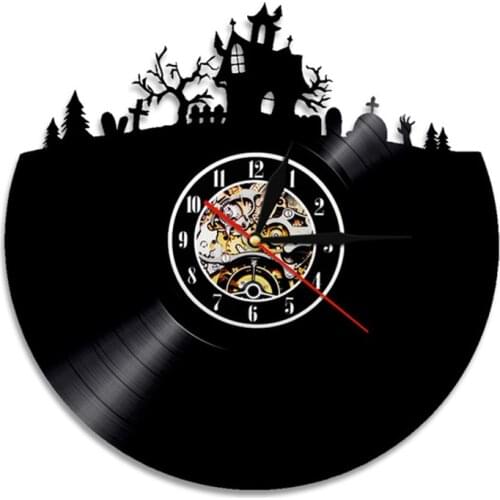 Happy Halloween Night Wall Decorative Vinyl Record Wall Clock Skull Skeleton & Ghost Vintage Clock Horror Decoration Wall Watch