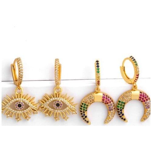Horns evil eye multicolor Brass micro pave cz zircon cubic zirconia drop Hoop Earrings copper gold plated crystal studs yujh4
