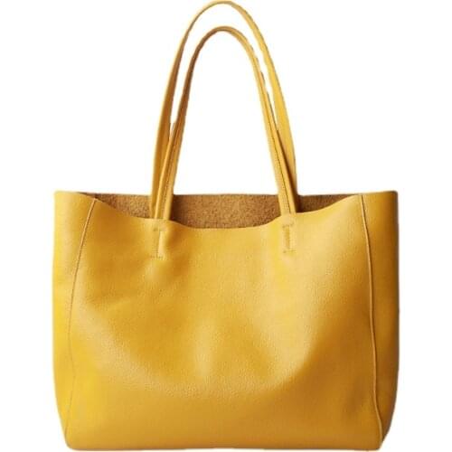 Women Luxury Bag Casual Tote Female Lemon Yellow Fashion Shoulder Handbag Lady Cowhide Genuine Leather Shoulder Shopping Bag