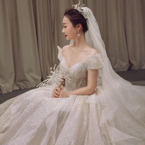 Starry Main Wedding Dress 2021 New Bridal Temperament French Word Shoulder-length Drag Tail Mori Super Fairy Dream Little Man