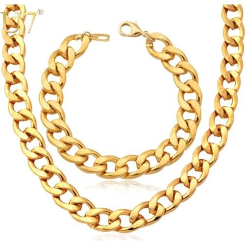 U7 Ethiopian Jewelry Set For Men Gold Color 11MM Wide Cuban Link Chunky Chain Bracelet Necklace Set S759