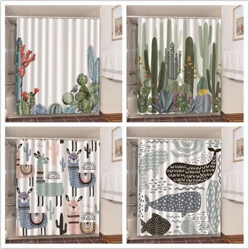 Nordic Style Cactus Waterproof Shower Curtains Home Decor Window Shade Bathroom Set Bath Decorative Blackout Curtain 180x180 cm