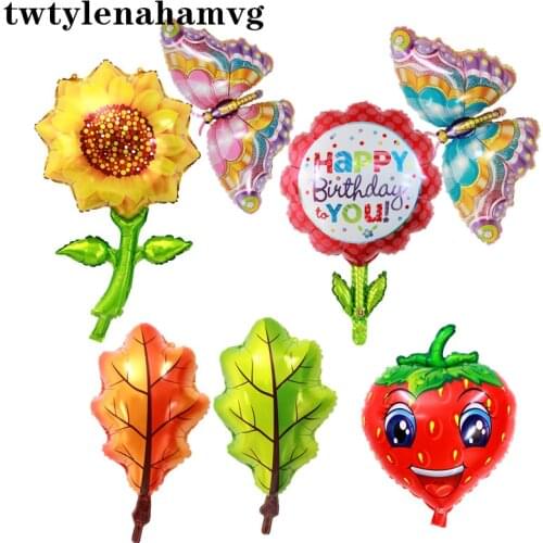 New Yellow Sunflower Cartoon Strawberry Leaf Pattern Aluminum Foil Party Balloon Botanical Garden Birthday Wedding Decor Gift