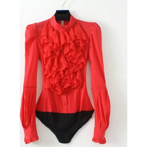 OL Stand Collar Ruffles Lantern Sleeve Body Blouse Women Long Sleeve Office Work Wear Blusas Mujer De Moda 2019 Red White