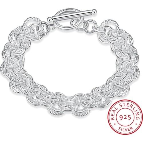 Womens Fine Jewelry 10mm Twisted chains 21cm 925 sterling silver circle cross bracelet bangles Pulseiras de Prata free shipping