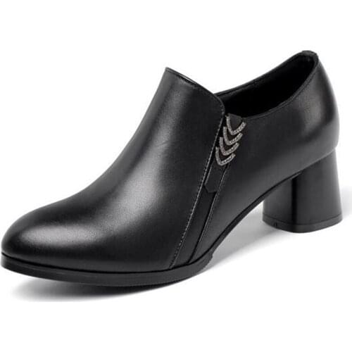 2020 New Spring Rhinestones Top Cowhide Deep Mouth High Heels Women Leather Shoes Comfort Fashion Shoes Large Size Woman Shoes