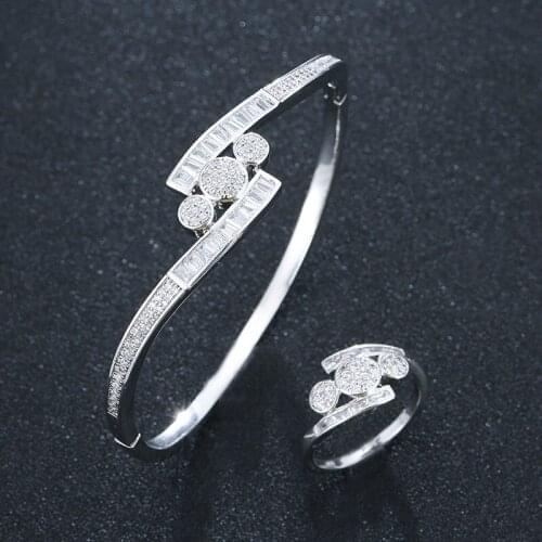 HIBRIDE Micropave Cubic Zircon Stone Dubai Gold Big Wide Round Women Wedding Party Bangle Rings Jewelry Sets for Bride N-1858