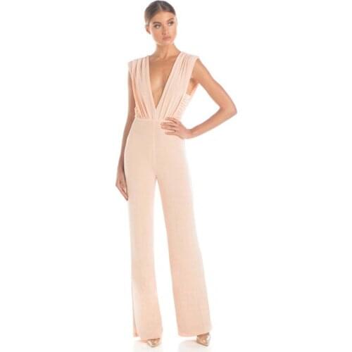 Pink Green Sleeveless Pleated V-Neck Flare Sexy Women Rompers Luxury Party Jumpsuits