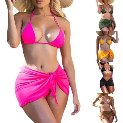 3Pcs Ladies Sexy Beachwear Suit Summer Women Solid Color Hanging Neck Tie Up Split Swimwear + Overskirt for Holiday Vacation