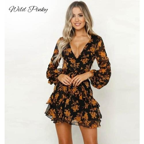 WildPinky 2020 New Women Autumn Long Sleeve Mini Dresses Flower Print Ladies Casual V-Neck Short Summer Dresses Female Vestidos