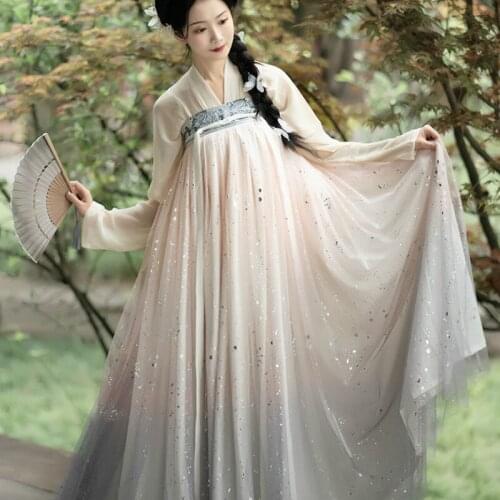 Women Chinese Traditional Wedding Party Costumes Hanfu Mesh Dress Fairy Star Sequin Han Tang Dynasty Princess Oriental Dresses