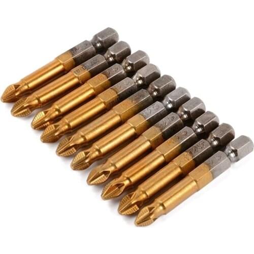 10pcs 50mm PH2 1/4 inch Hex Shank Magnetic Cross Head Screwdriver Bits Titanium Coated S2 Steel Power Tools, Gold gray