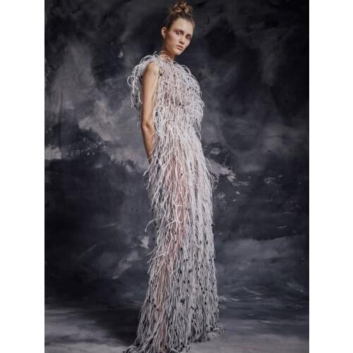 2020 Luxury Feather Jumpsuits Prom Gowns A-Line Full Length Sleeveless Beaded Lace Ruffles Cloth Party Dresses Evening Dresses