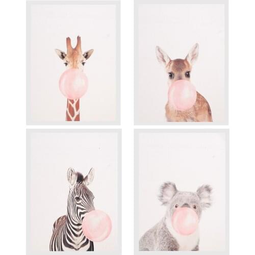 4 Panel Oil Print Painting On Canvas, Wall Artwork Picutre Painting For Living Room Bedroom Decor - Animal Blow Bubble Gum