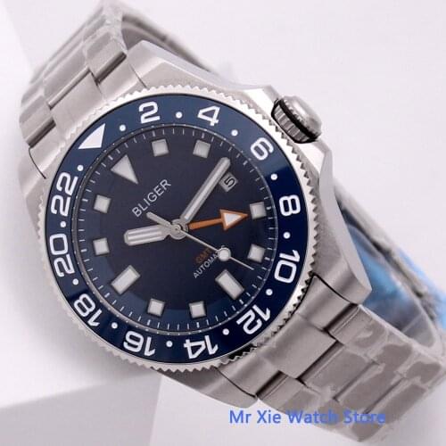 Bliger 43mm Automatic Mechanical Mens GMT Watch Business Luxury Ceramic Bezel Day Date Sapphire Glass Luminous Wristwatch Men