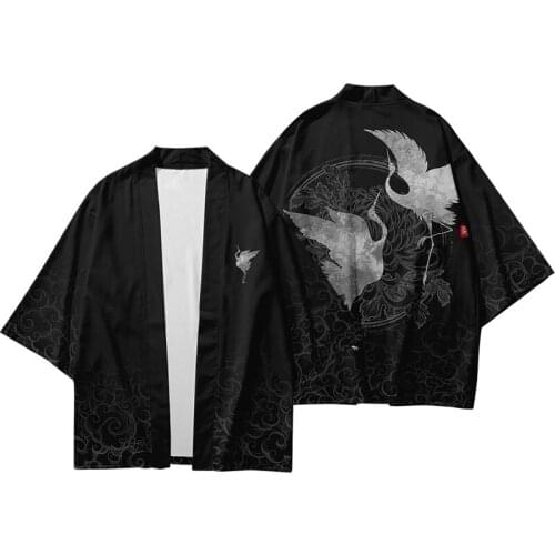 High Quality Japanese Kimono Large Size Harajuku Print Crane 3d Samurai Costume for Men Women Loose Robe 3/4 Sleeves Streetwear