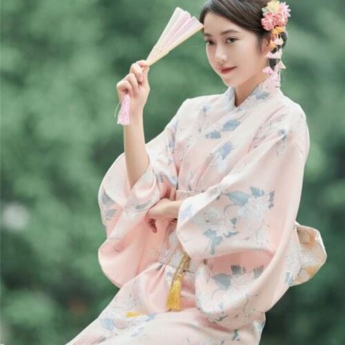 Japanese Traditional Style Butterfly Kimono Women Girl Yukata Pink Print Crane Formal Dress Retro Robe Bathrobes Cosplay Costume
