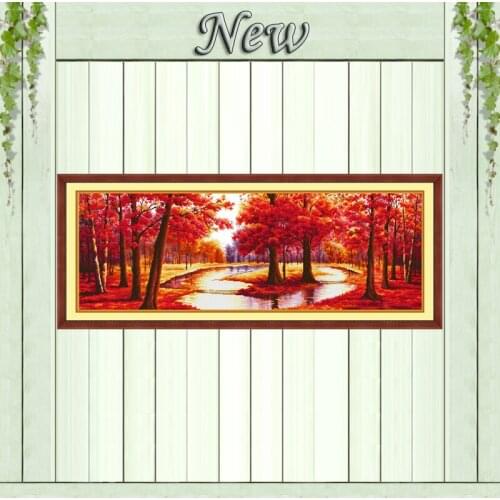 Maple trees and river rural Scenery painting Counted print on canvas DMC14CT 11CT DIY Cross Stitch Needlework kits Embroider Set