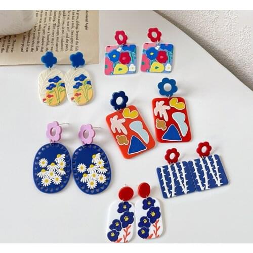 Lifefontier Korean Colorful Flowers Acrylic Earrings for Women Carving Flower Geometric Rectangle Drop Earrings Summer Jewelry